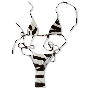 Trendy Brown Zebra Print Triangle Thong Bikini Set | Beaded | Side Tie | NEW
